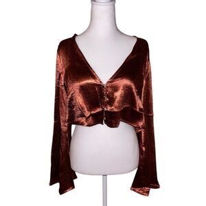 Copper Burnt Orange Satin Rhinestone Buttons Closure Crop Top Medium New!